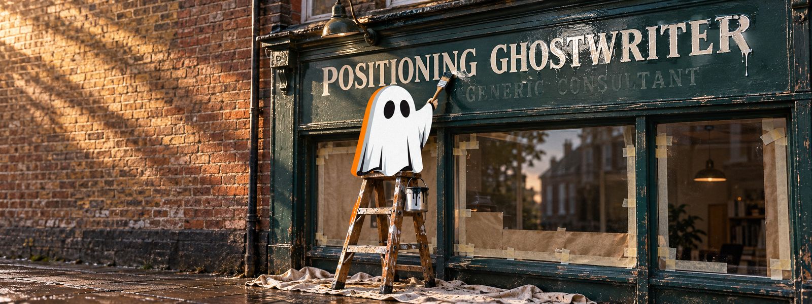 The ghost on a stepladder, painting POSITIONING GHOSTWRITER over GENERIC CONSULTANT on a green shopfront